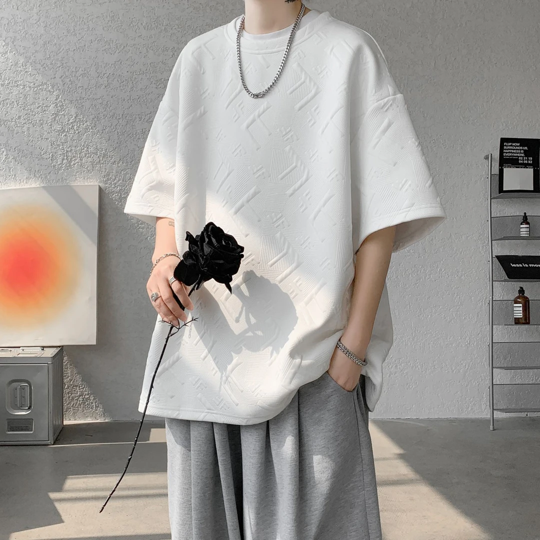 NINEDAO/玖岛肌理感提花冰丝T恤短袖男夏季宽松打底衫体恤五分袖