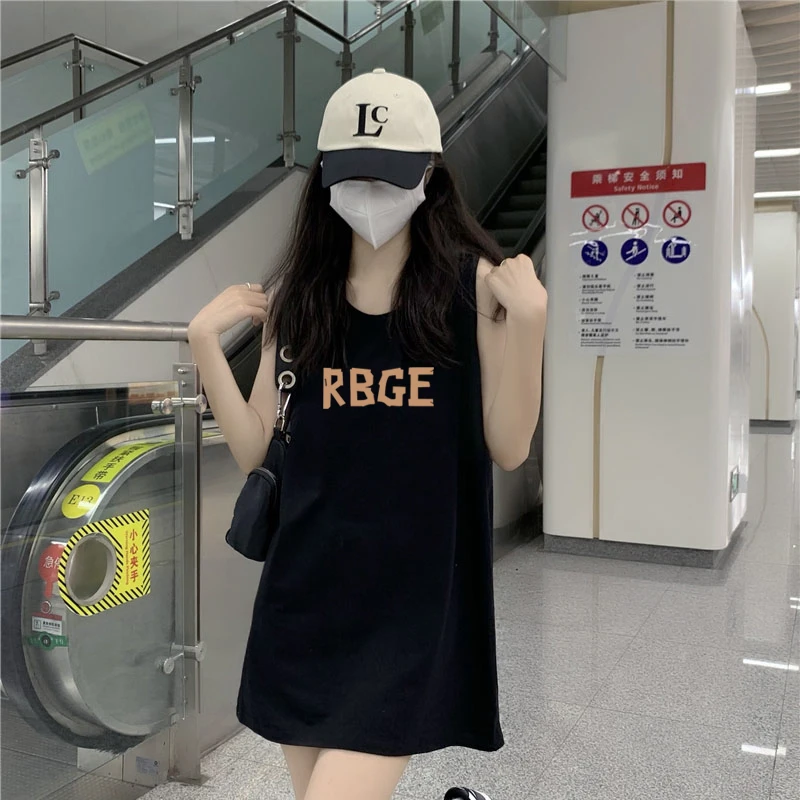 纯棉吊带背心女夏季大码胖mm宽松中长款美式复古休闲运动坎肩上衣