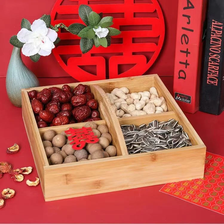 中式干果盒客厅酒店零食盘年货家用糖果瓜子盒多格手提盒子竹材质