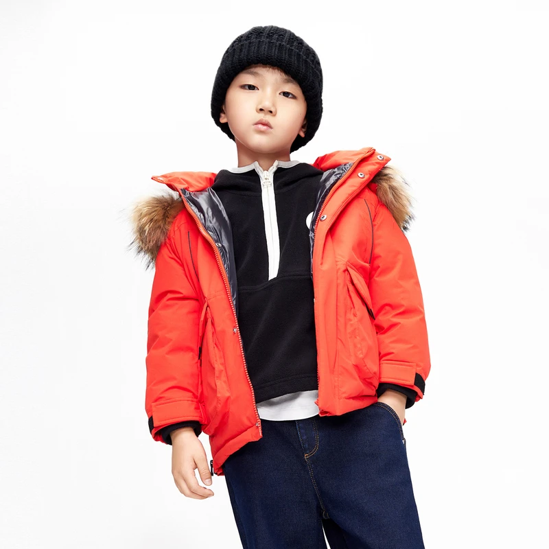 littlemoco童装男女童毛领羽绒服红色工装防泼水外套#KBB4EIN053