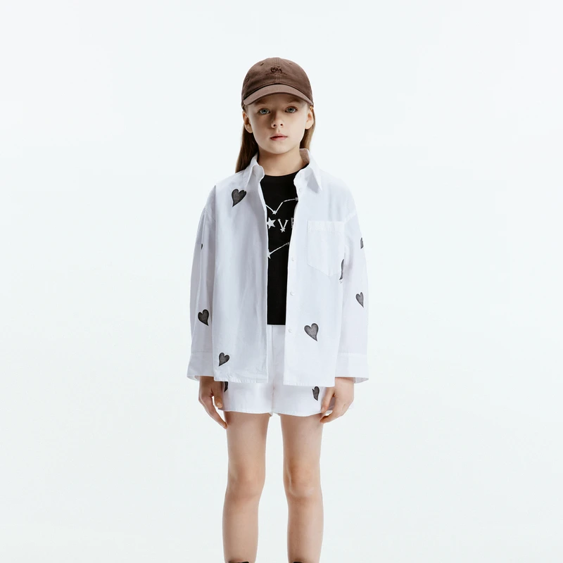 littlemoco童装24秋装女童爱心印花长袖衬衫衬衣#KBD3SHT003