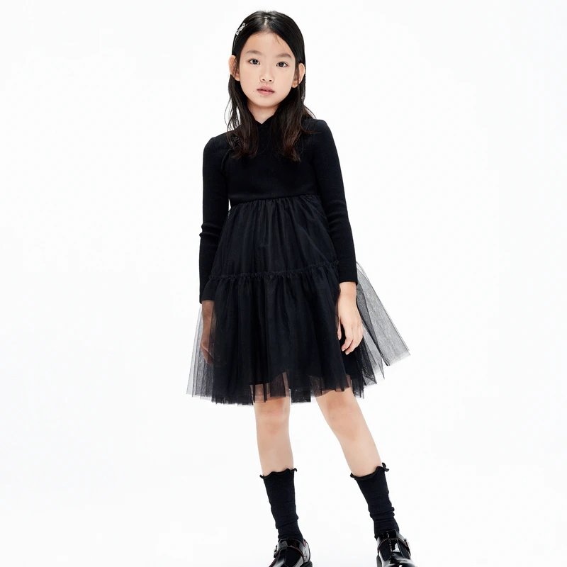 littlemoco童装23春装新款女童新中式长袖网纱连衣裙#KBC1DRS009