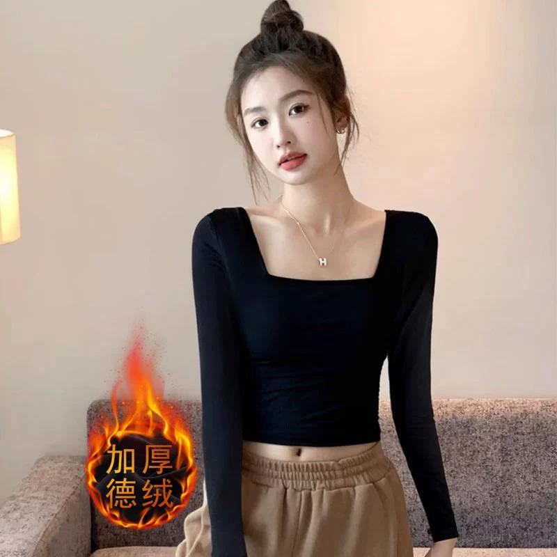 黑色方领加绒加厚长袖打底衫女2024秋冬短款高腰紧身保暖内搭上衣