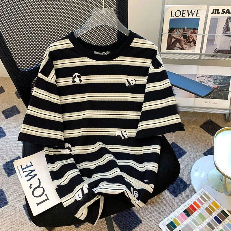 男童潮流t恤夏季2024新款儿童洋气时髦夏装刺绣熊猫条纹打底上衣