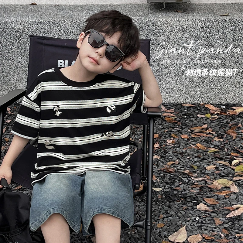 儿童t恤上衣男童装夏季条纹刺绣洋气时尚半袖宽松中大童圆领短袖