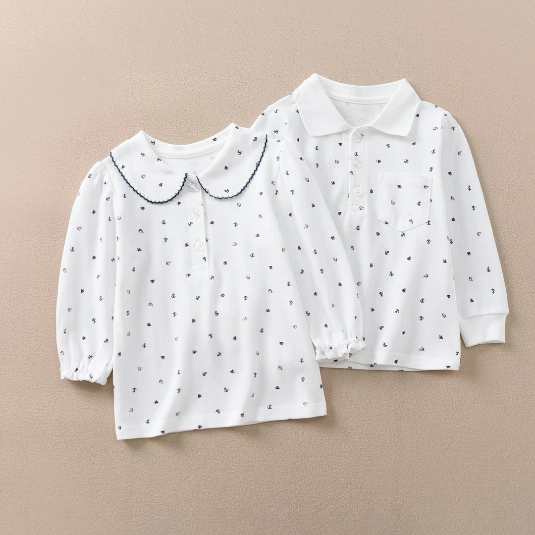 日系珠地棉男女儿童长袖T恤POLO打底衫纯棉童装上衣学生校服春秋