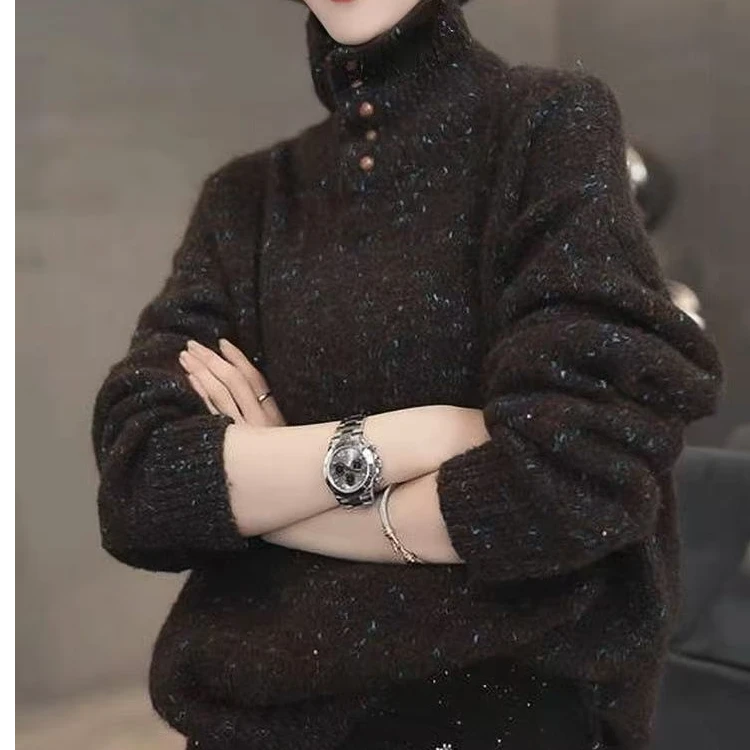 咖色翻领毛衣秋冬新款慵懒风宽松加厚洋气减龄外穿针织衫软糯上衣