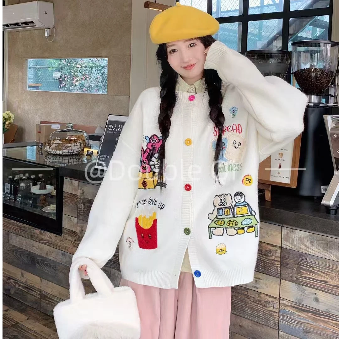 重工复古刺绣开衫毛衣女长袖宽松慵懒韩系软妹圆领甜美童趣针织