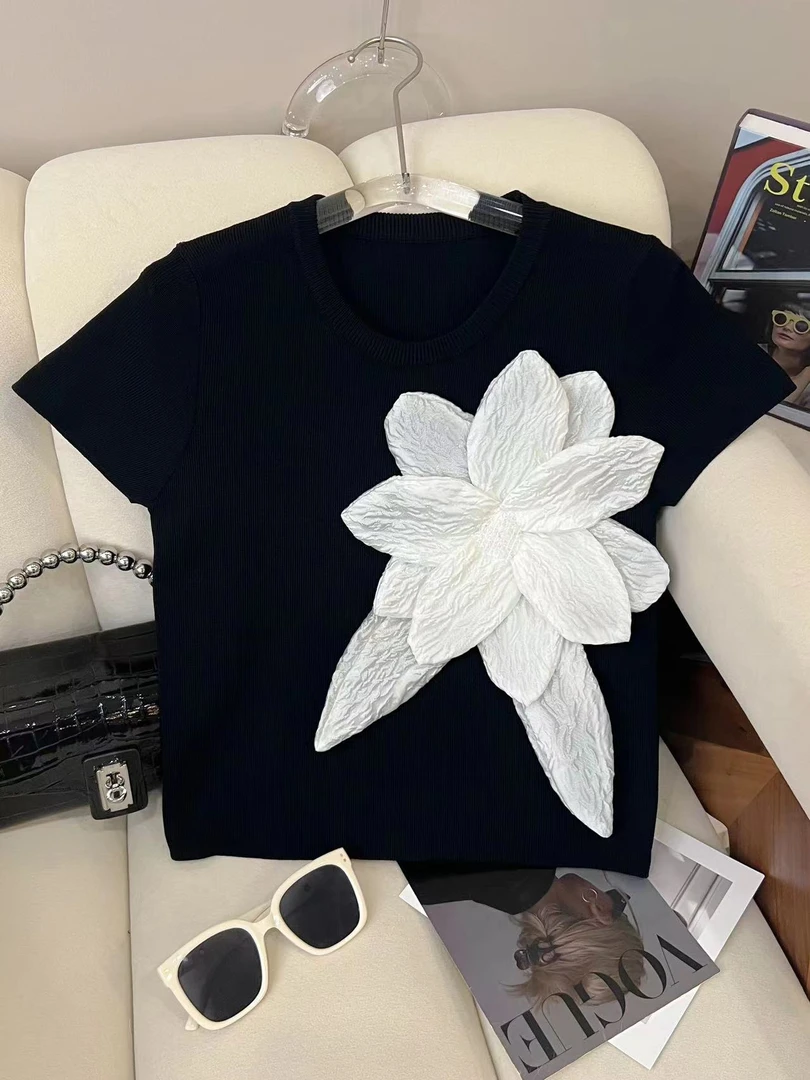 ALL SISTERS 夏季新款立体茉莉花T恤时尚气质短袖优雅百搭上衣女
