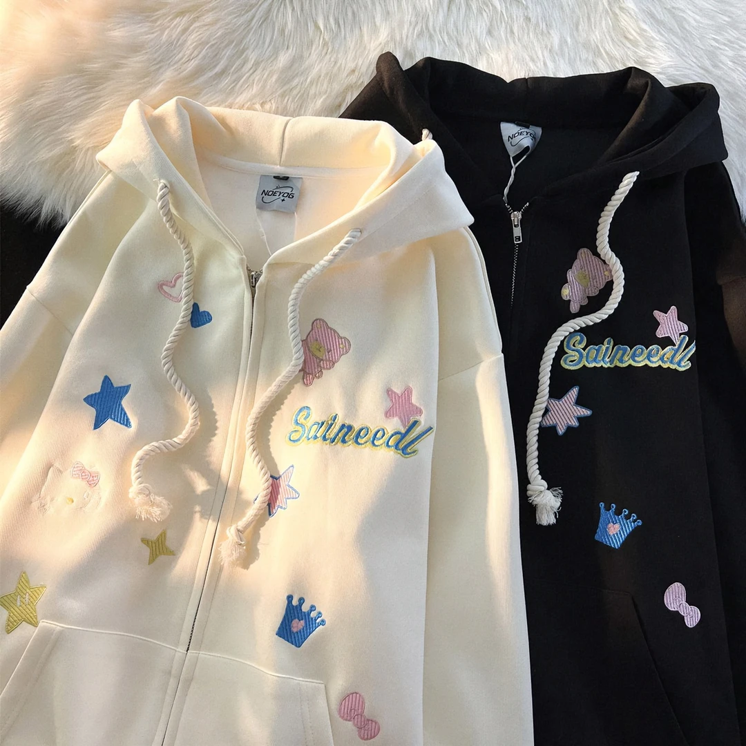 学生可爱星星卡通刺绣外套女童春秋冬款2025宽松中大童连帽卫衣