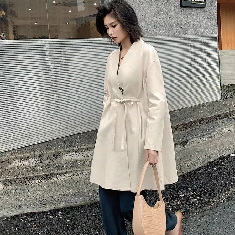 高端气质风衣2023年春秋新款收腰系带绵羊皮真皮皮衣女中长款爆款