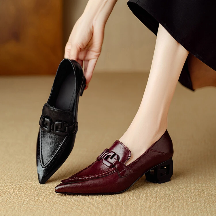 Taze/她泽秋季新款法式复古全皮尖头粗跟乐福鞋  5CM中跟时尚单鞋