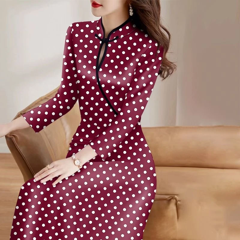 改良旗袍秋冬长款2023中式国风高端轻奢妈妈七分袖中国风连衣裙