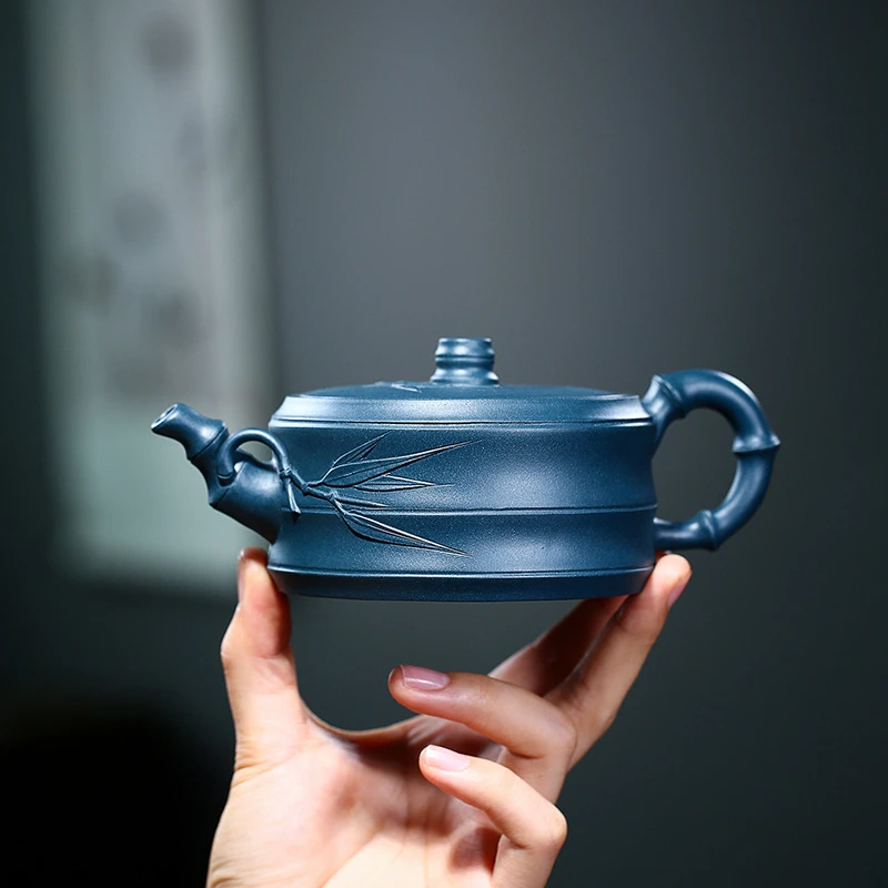 GF260宜兴紫砂壶手工大口扁竹节壶功夫茶具原矿天青泥竹叶泡茶壶