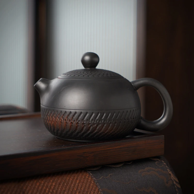 紫砂壶泡茶壶大号家用紫泥功夫茶具办公浮雕竹节单壶杯