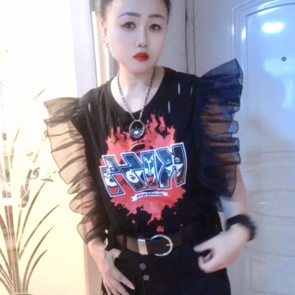 设计款欧根纱拼接t恤小众不规则印花破洞上衣夏季宽松无袖