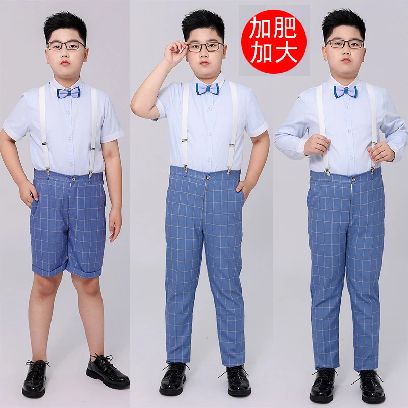 胖版男童礼服帅气套装春夏款格子背带裤三件套加肥加大儿童演出服