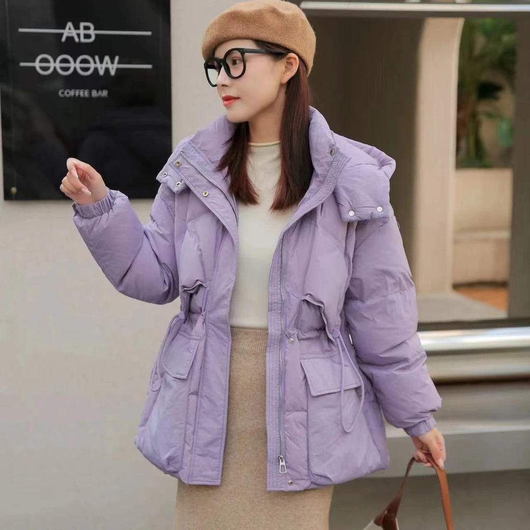 2023年秋冬季韩版羽绒服女短款连帽抽绳收腰休闲潮流宽松加厚外套