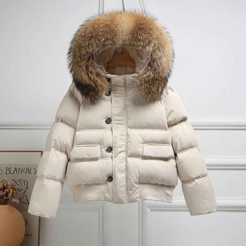 大毛领短款羽绒服女装2024年新款小个子外套宽松连帽加厚冬季爆款