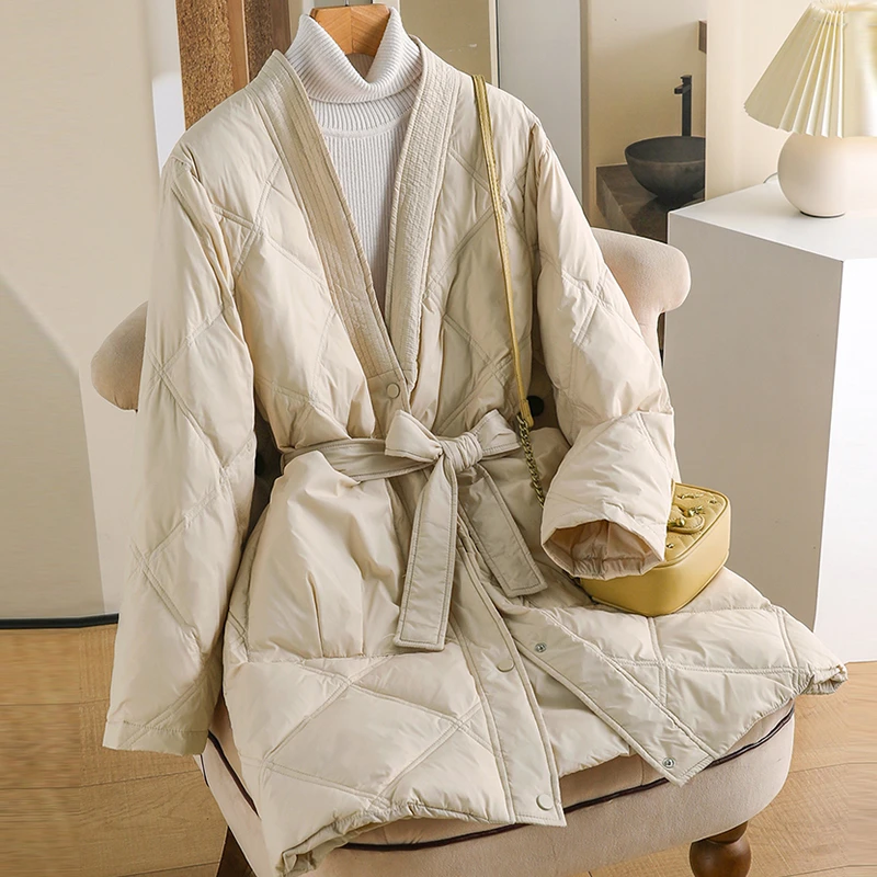 冬季新款轻薄羽绒服女中长款收腰显瘦腰带气质V领日系大口袋外套