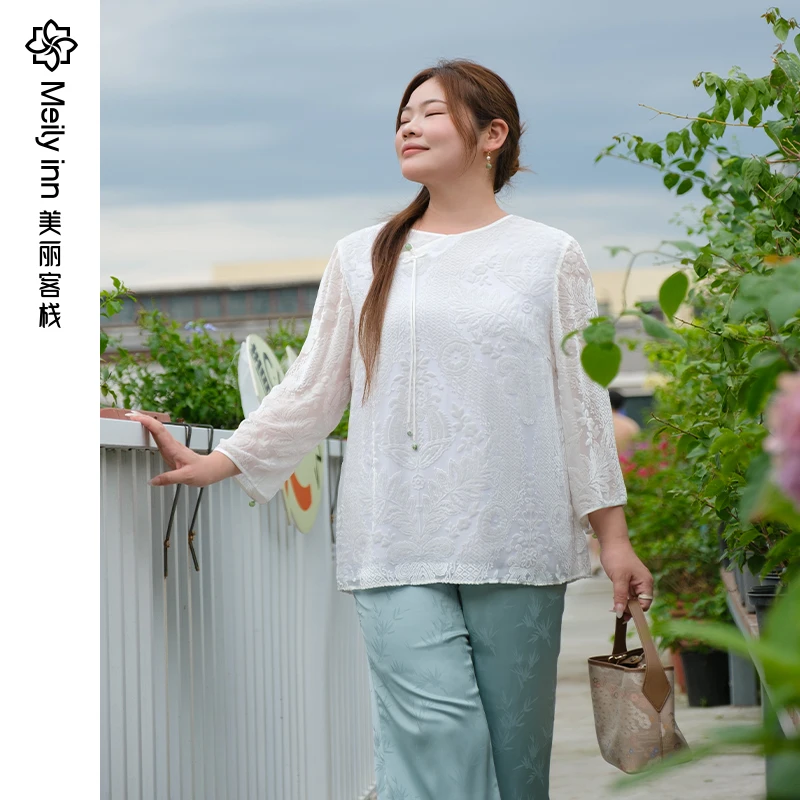美丽客栈新中式改良高端植绒上衣复古国风轻奢新中式粉色蕾丝上衣
