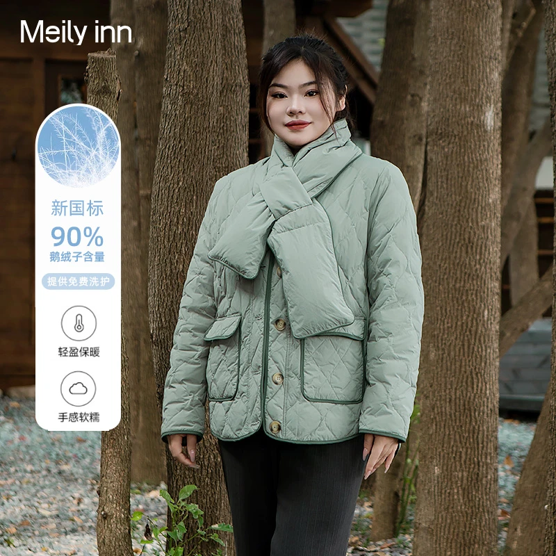 美丽客栈绿豆包外套冬季韩系围巾大码保暖女士冬季大码修身鹅绒服