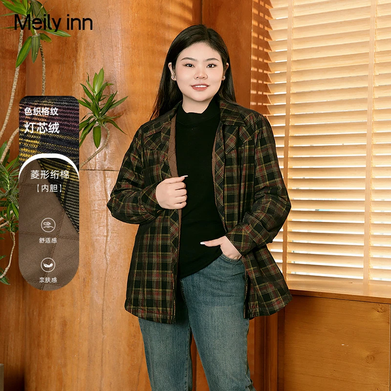 美丽客栈冬日幻彩上衣冬灯芯绒格纹大码女装宽松显瘦休闲衬衫棉衣