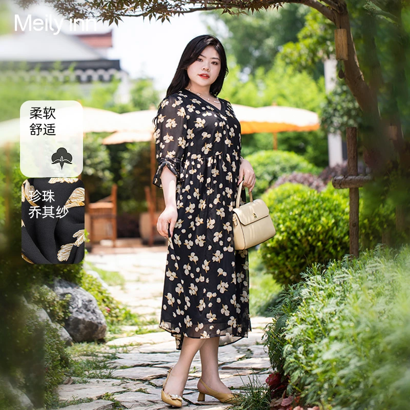 美丽客栈浮生花事 连衣裙夏季V领高腰遮肉大码女装清新印花连衣裙