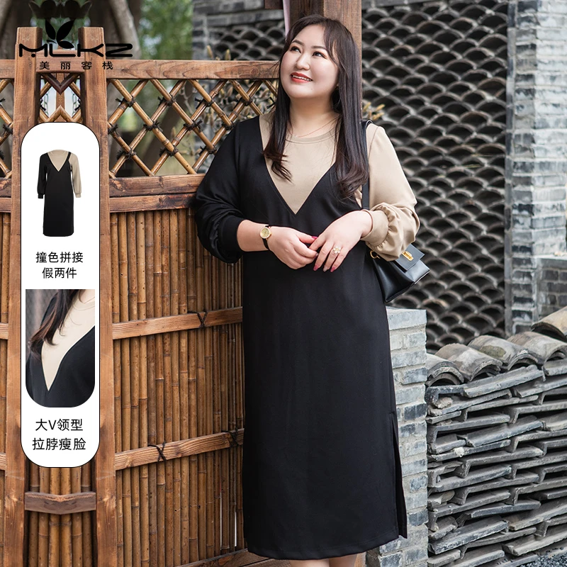 春装女2025年新款假两件黑色连衣裙女胖mm大码女装高级感显瘦遮肉