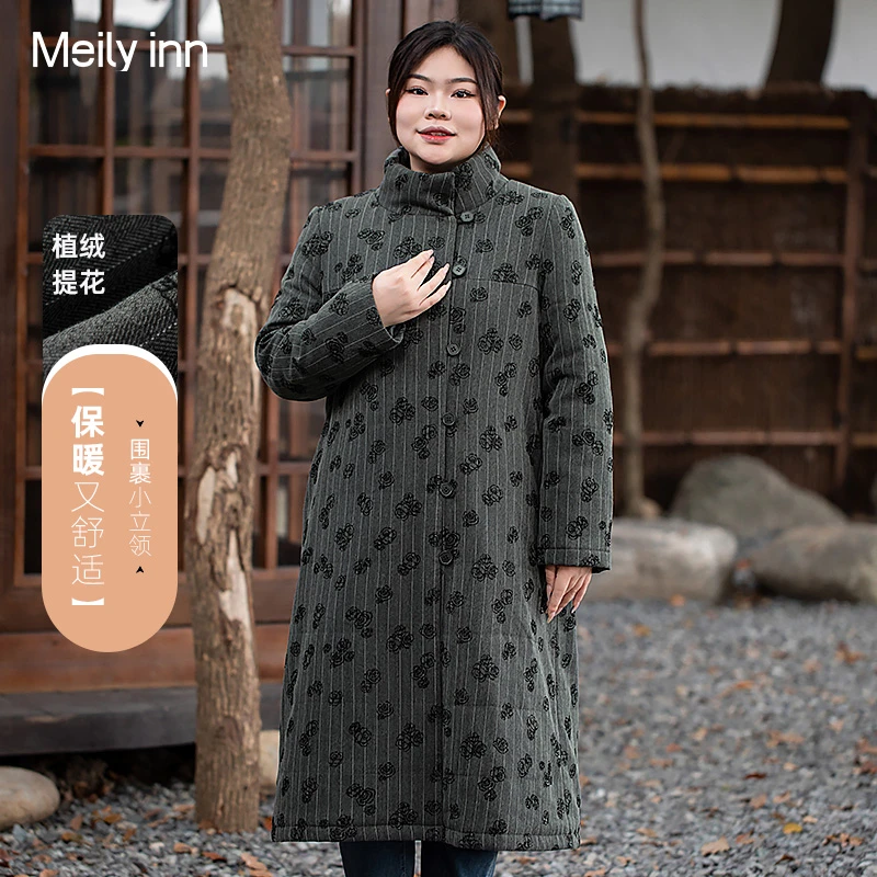 美丽客栈玫瑰与诗中长款棉服女冬季大码胖MM复古新中式显瘦棉大衣