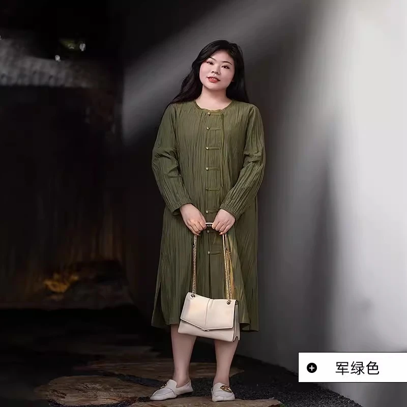 美丽客栈肌理艺术连衣裙夏国风褶皱感遮肉显瘦胖MM两穿开襟连衣裙