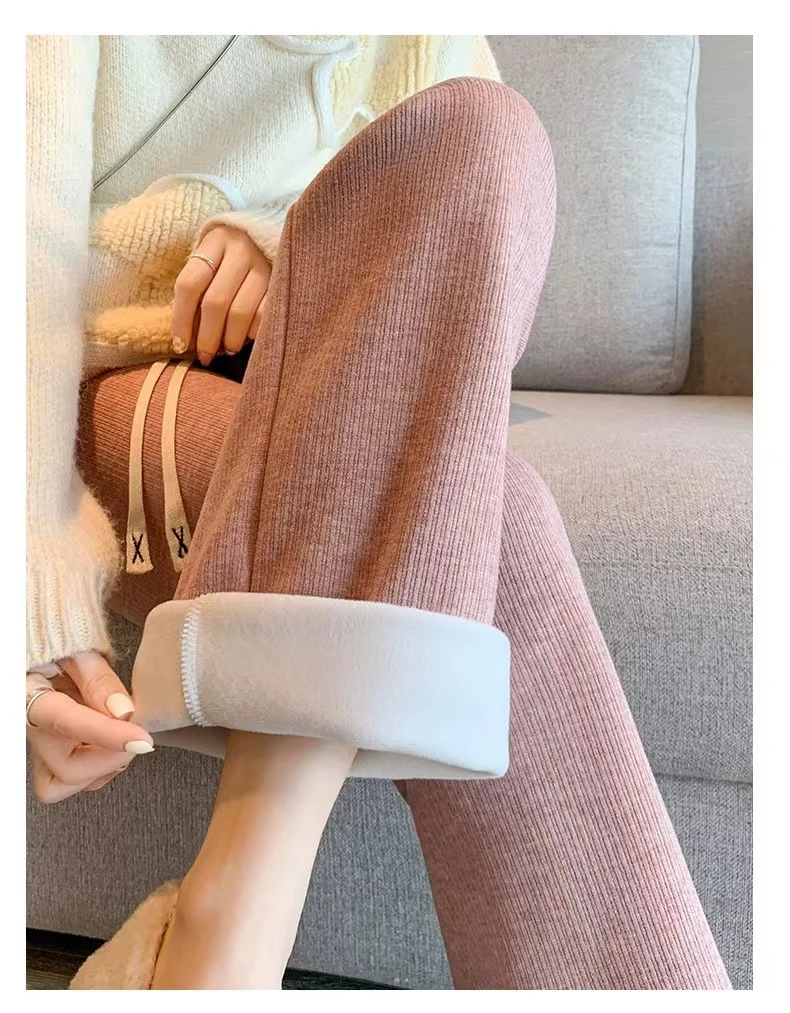 粉色女冬新款高腰垂感宽松休闲加绒针织直筒裤春秋显瘦时尚外穿