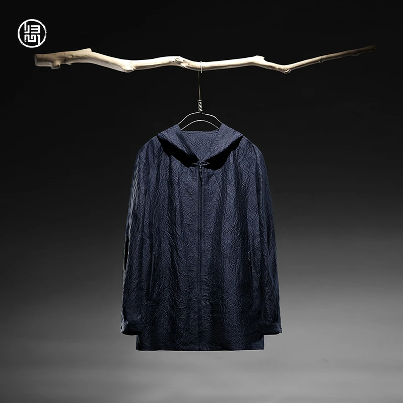 归心男装 中国风春季男士 丝麻混纺 褶皱连帽衬衫 休闲时尚外套