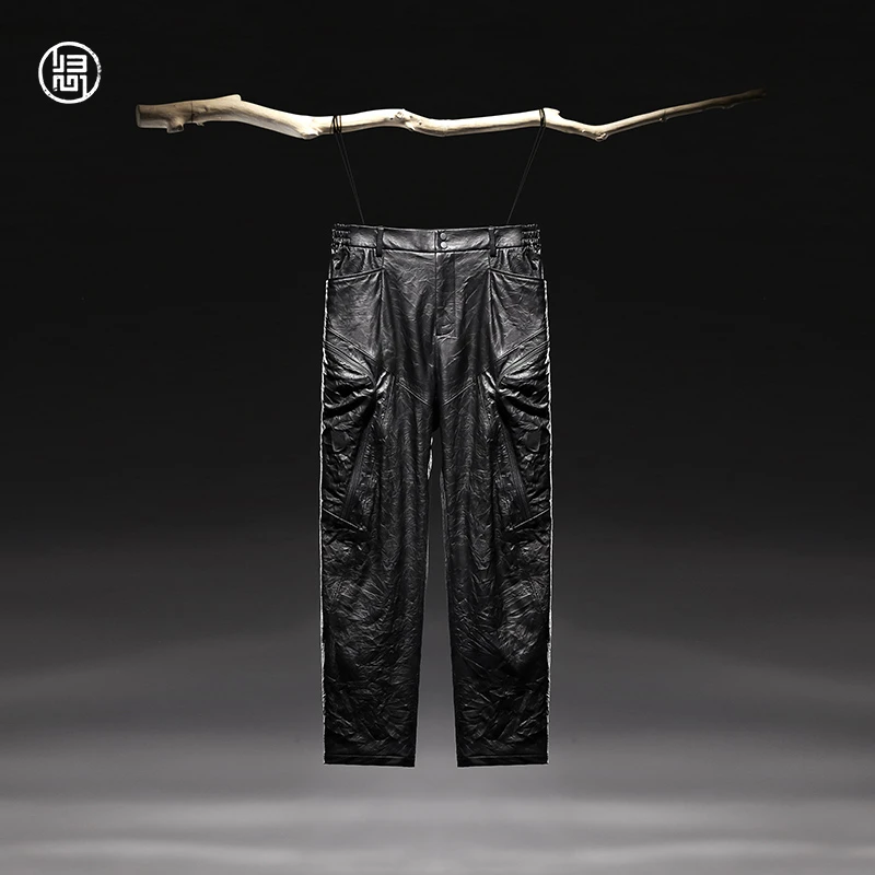 归心男装 冬季新款男士 褶皱牛皮 加绒保暖真皮直筒工装裤 皮裤