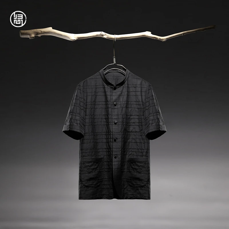 【断码特价】归心男装 夏季男士 中式立领休闲条纹黑色 短袖衬衫