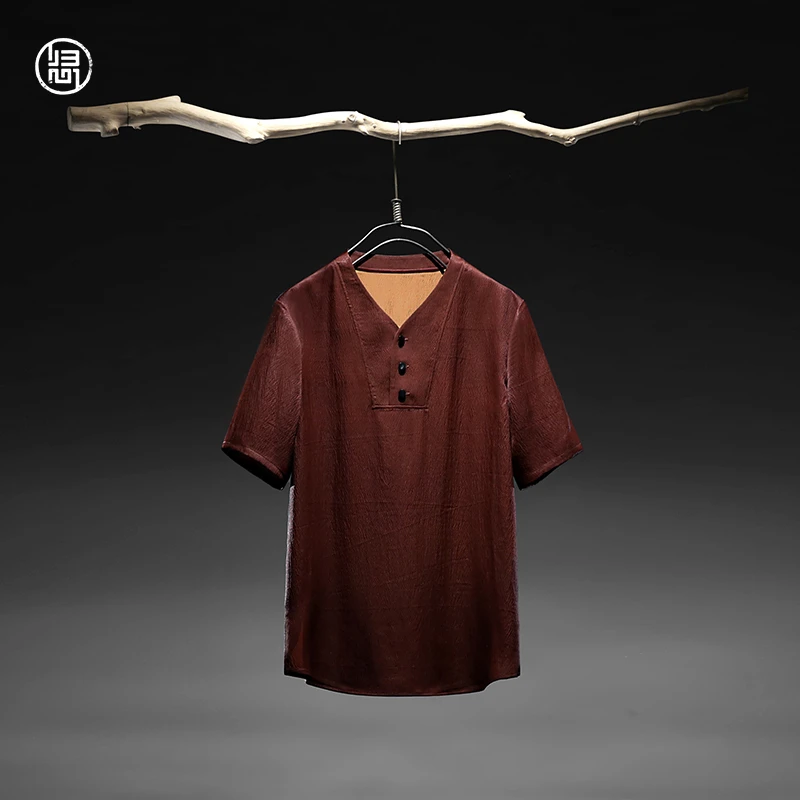 归心男装 中国风夏季男士红云纱珍珠缎 100%桑蚕丝 休闲短袖T恤