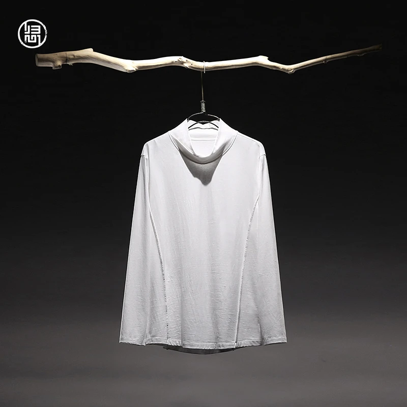 归心原创设计 中国风春季男士 高领长袖T恤男 全棉禅意T恤上衣