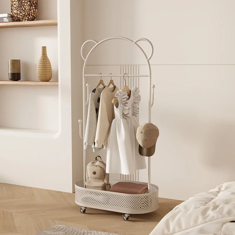 儿童衣帽架落地卧室可移动挂衣架小熊铁艺奶油风床边衣服置物架子