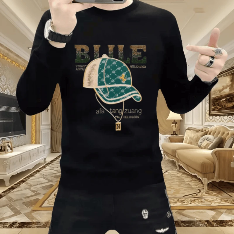 男士新款帽子重工烫钻长袖时尚休闲潮流圆领秋冬季百搭修身白卫衣