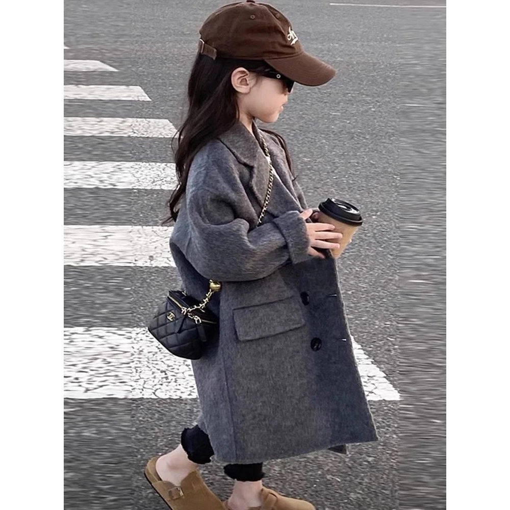 儿童童装韩版时髦中长款呢子大衣中大童保暖西装领毛呢外套男女款