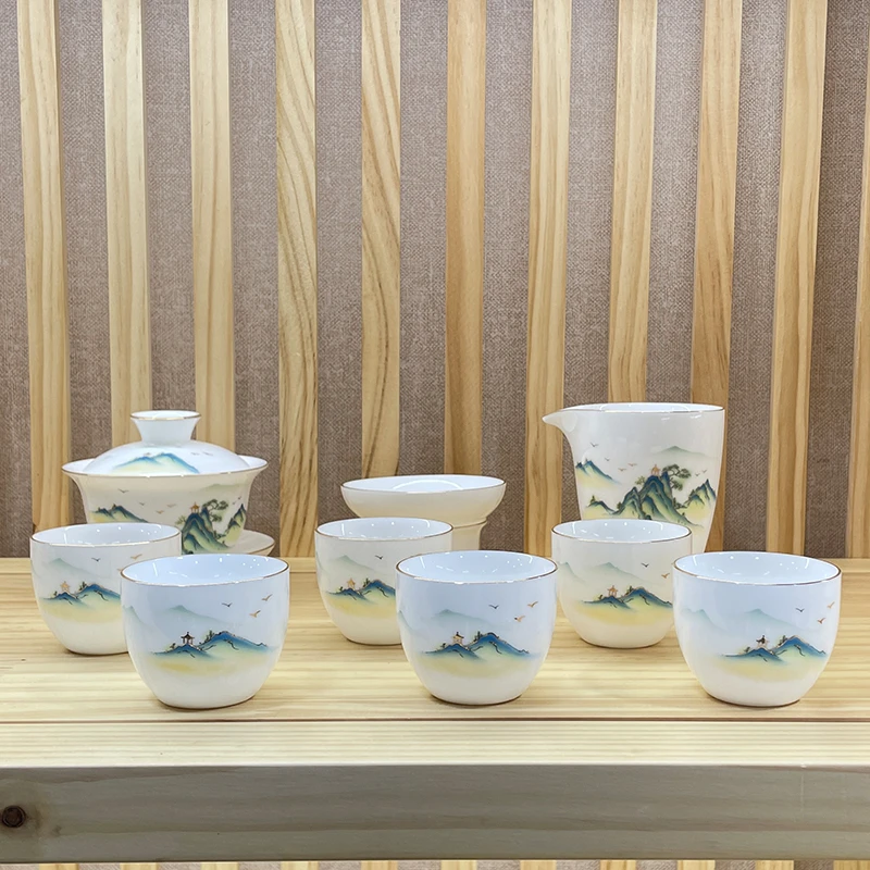 青绿山水羊脂玉瓷茶具套装家用白瓷功夫茶具陶瓷盖碗茶杯办公室