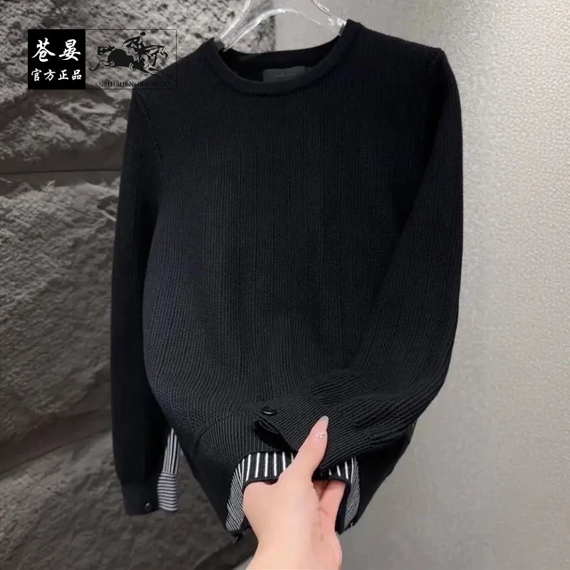 【商务休闲】2025春季新款男士假两件条纹拼接圆领针织衫毛衣打底衫