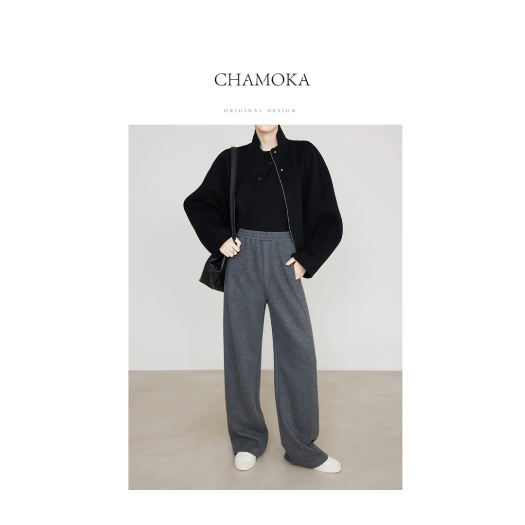 【12.11上新】冬季加厚高弹针织松紧腰显瘦灰色醋酸羊毛毛呢裤K6745