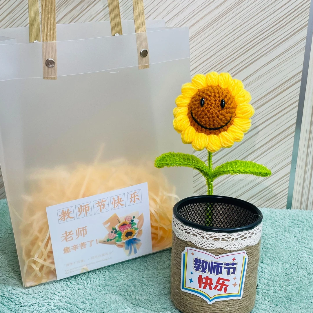 教师节礼物 手工钩织笑脸向日葵笔筒成品发货