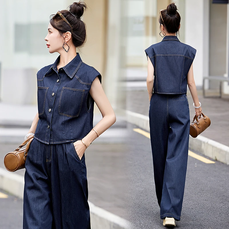 牛仔马甲阔腿裤套装女2024年夏季新款时尚休闲气质衬衫上衣两件套