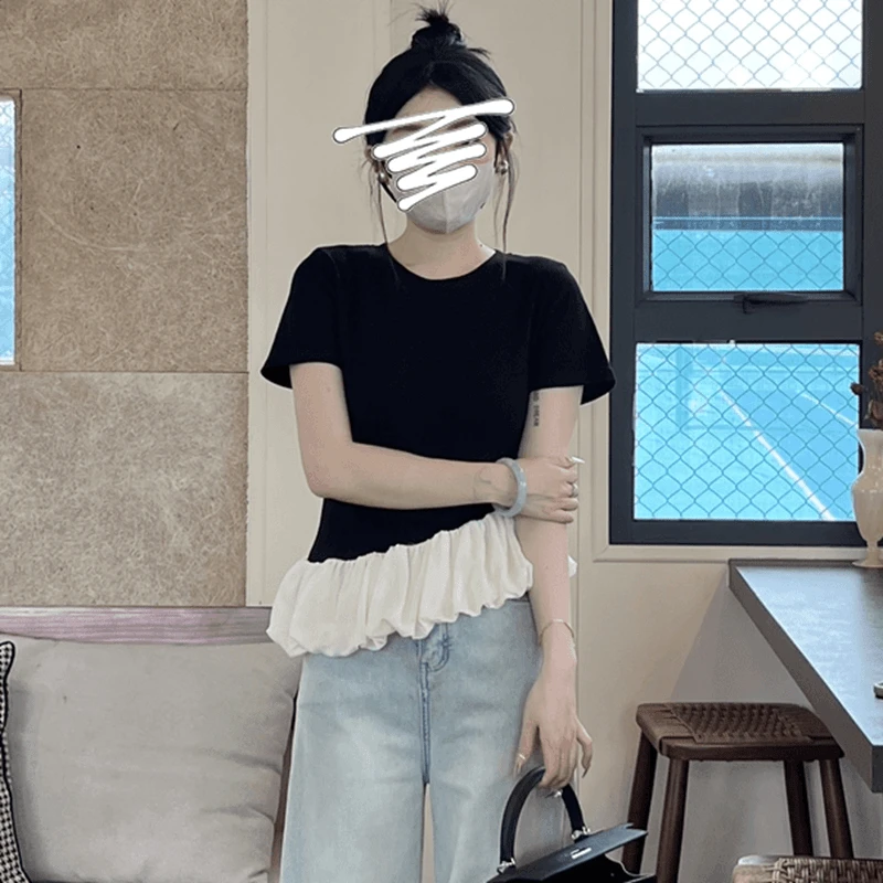 【结构主义】法式假两件新款拼接t恤女修身显瘦短袖上衣不规则小众