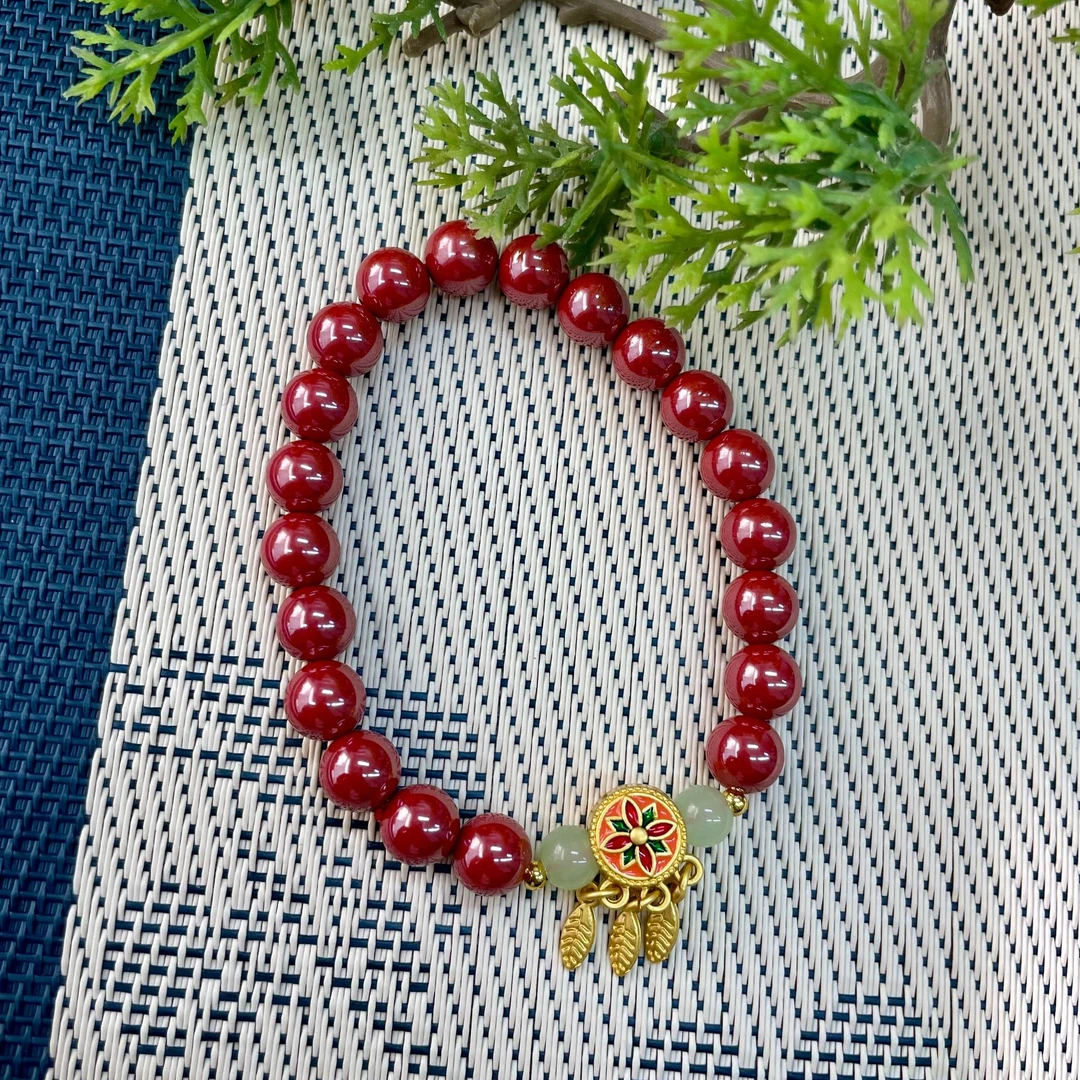 含辰砂工艺品帝王砂8mm朱砂手串三叶草护身手链本命年礼物男女
