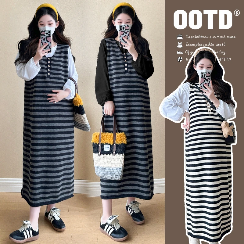 2024秋冬季时尚复古撞色宽松条纹无袖背心裙