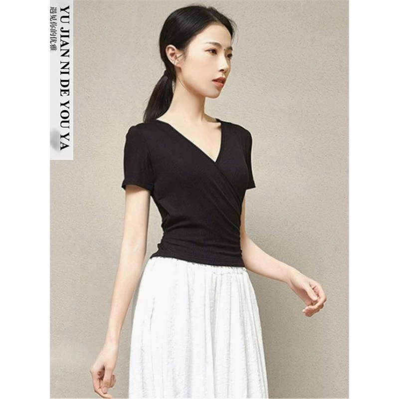 绑带交叉v领专业瑜伽跳舞蹈服适合穿的练功服上衣女新款短中长袖