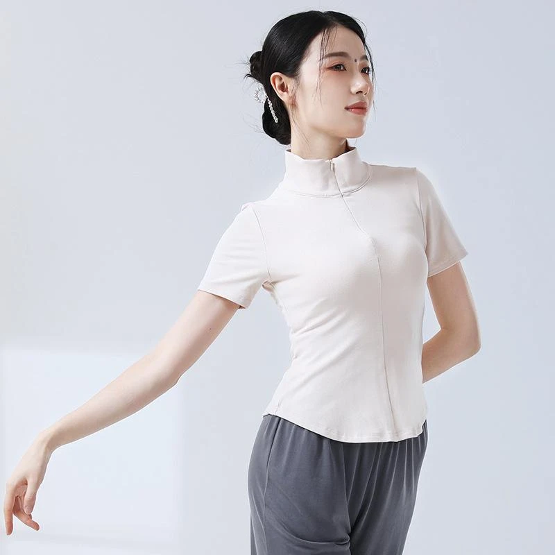 现代舞蹈服女2024夏季新款瑜伽半拉链立领修身练功运动健身短袖女